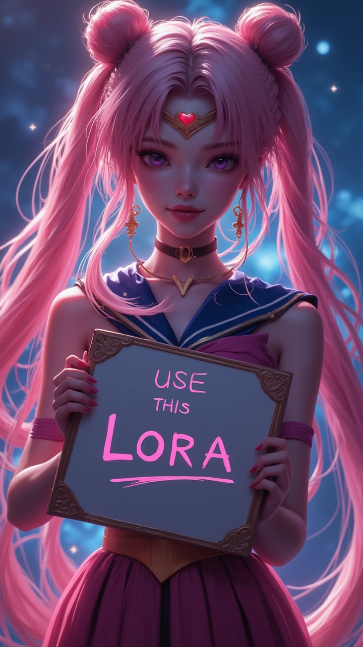 A beautiful woman with a beautiful pose, Styled like sailormoon, looking at the camera, Holding a sign that says "use this LoRA", The background is a very beautiful galaxy., Sailormoon 