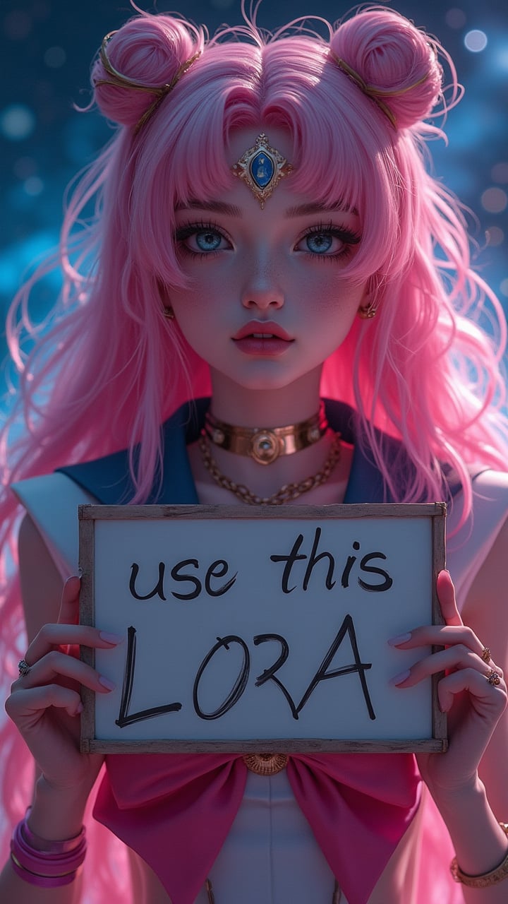 A beautiful woman with a beautiful pose, Styled like sailormoon, looking at the camera, Holding a sign that says "use this LoRA", The background is a very beautiful galaxy., Sailormoon 