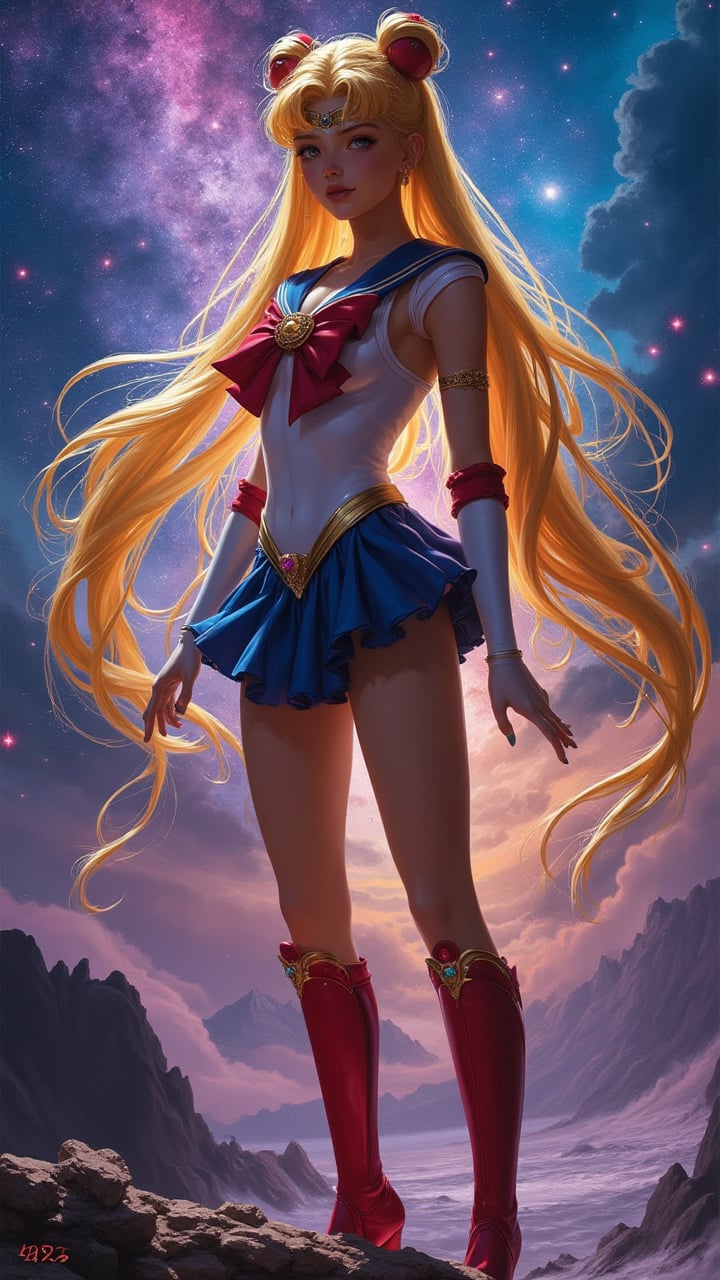 A beautiful woman with a beautiful pose, Styled like sailormoon, looking at the camera, full body, floating pose, The background is a very beautiful galaxy., Sailormoon 