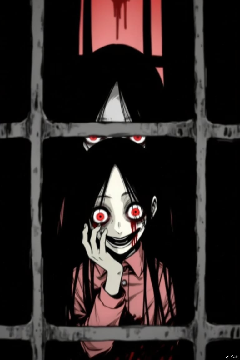 1girl, red eyes, black hair, long hair, solo, looking at viewer, open mouth, smile, crazy eyes, hand on own face, blood, long sleeves, horror (theme), head stuck out of prison