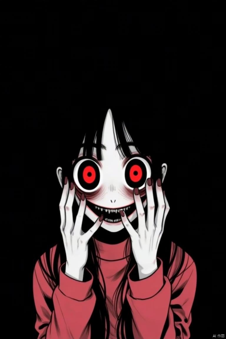 Terror, black hair, 1girl, horror (theme), open mouth, looking at viewer, long sleeves, hands on own face, red eyes, teeth, long hair, smile, hands up, wide-eyed, eye focus, bangs