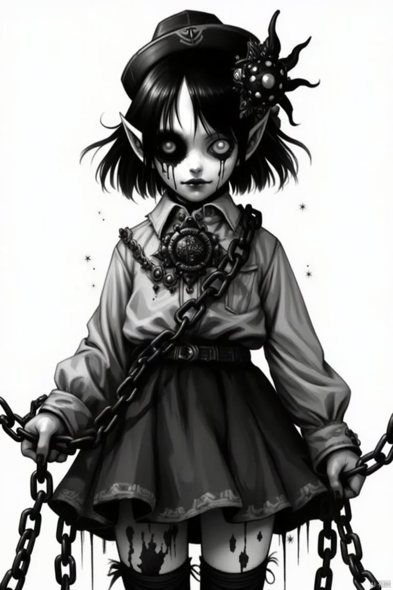 1girl, chain, solo, monochrome, greyscale, hat, looking at viewer, hair ornament, cowboy shot, short hair, horror (theme), holding, closed mouth, thighhighs, blood, long sleeves, skirt, pointy ears, jewelry