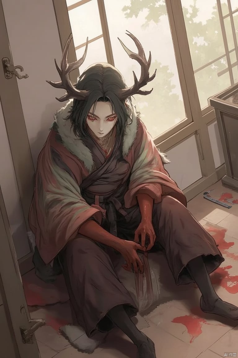 sitting, japanese clothes, blood, solo, black hair, kimono, 1boy, antlers, indoors, holding, horns, signature, male focus, red eyes, looking at viewer, colored skin