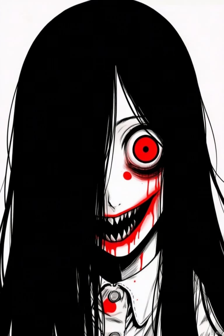 red eyes, 1girl, solo, black hair, long hair, looking at viewer, spot color, hair over one eye, horror (theme), blood, teeth, monochrome, open mouth, smile, simple background, crazy eyes