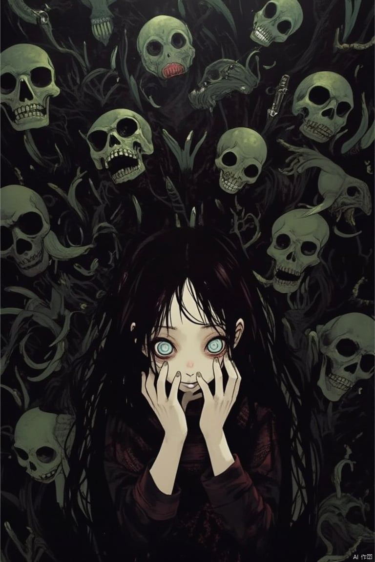 solo, horror (theme), 1girl, black hair, long hair, hands on own face, looking at viewer, skull