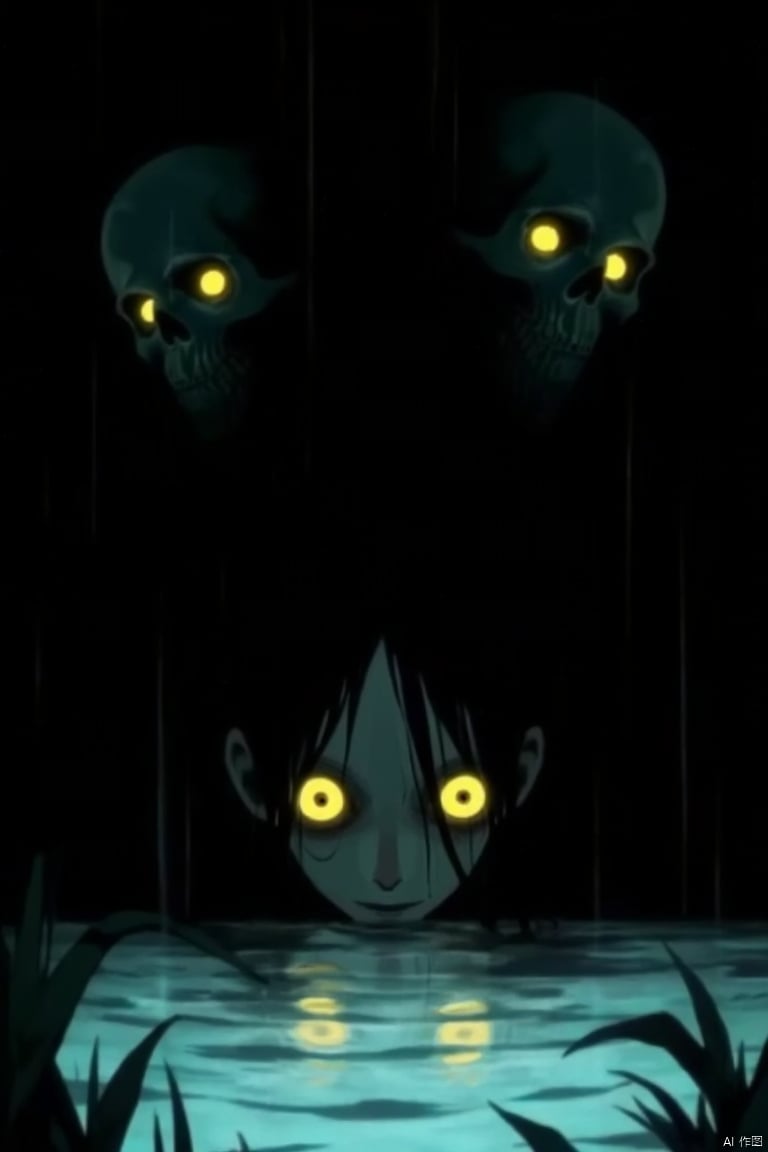 Terror, yellow eyes, black hair, glowing eyes, skull, glowing, solo, looking at viewer, water, 1boy, hair between eyes, male focus, reflection, rain, dark, plant