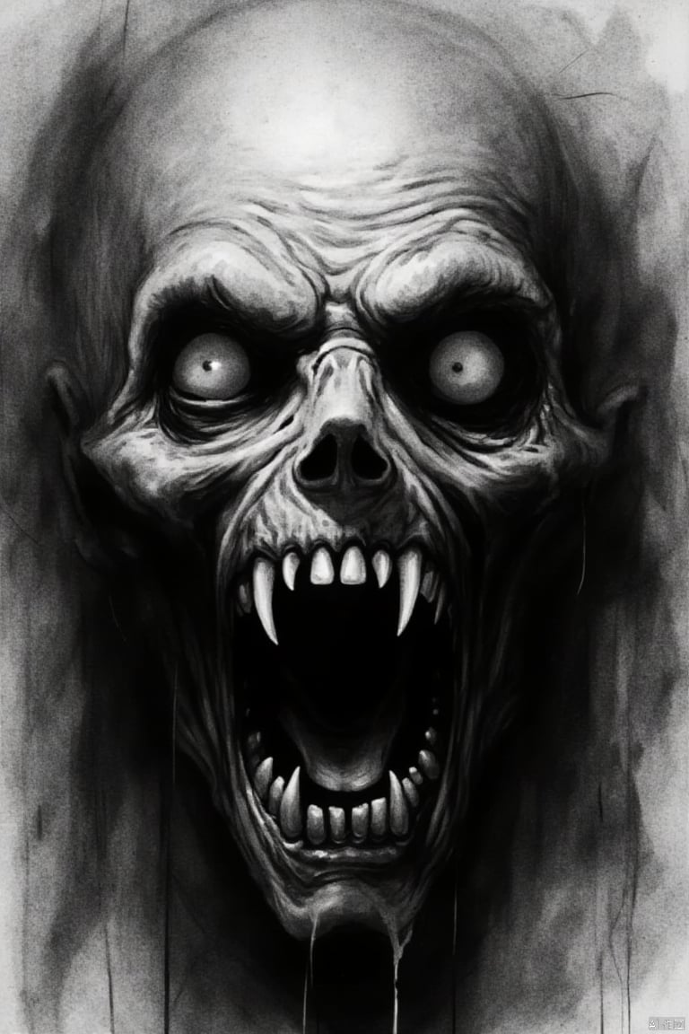 monochrome, greyscale, teeth, horror (theme), traditional media, solo, open mouth, monster, sharp teeth,