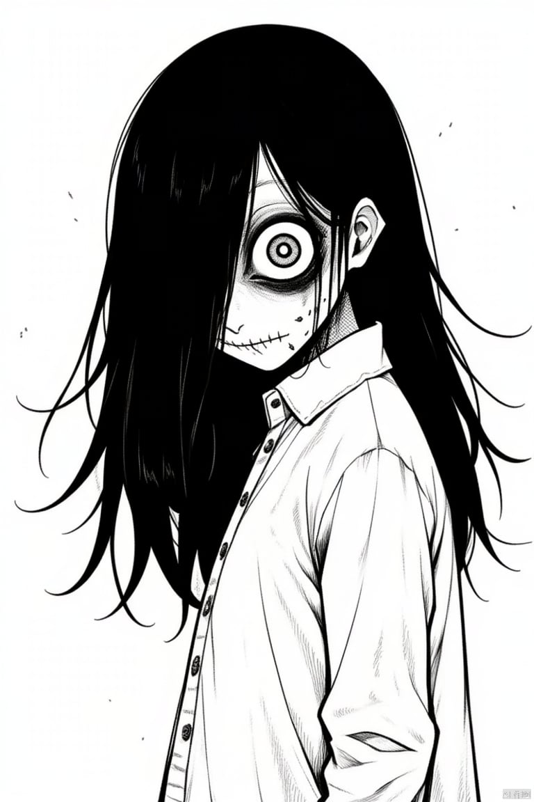 1girl, greyscale, monochrome, long hair, looking at viewer, hair over one eye, extra eyes, eye focus, solo, shirt, closed mouth, from side, long sleeves, eyeball, upper body, looking to the side, horror (theme), hatching (texture)