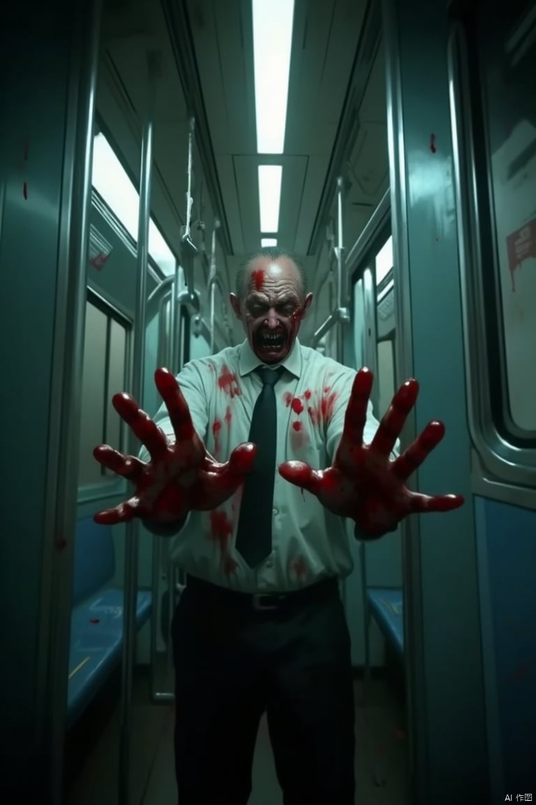 Terror, blood, train interior, blood on clothes, necktie, pants, blood on hands, blood splatter, horror (theme), focus your hands, a pair of hands extending forward