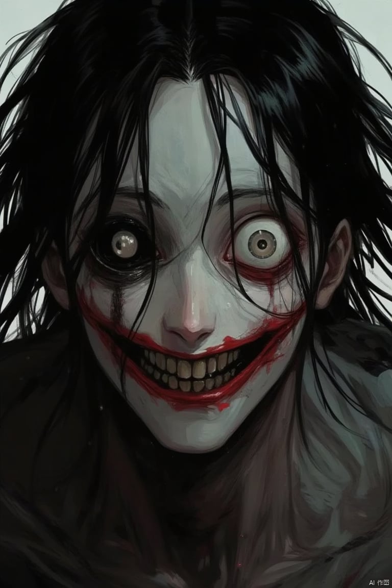 1boy, horror (theme), solo, male focus, teeth, smile, grin, upper body, black hair