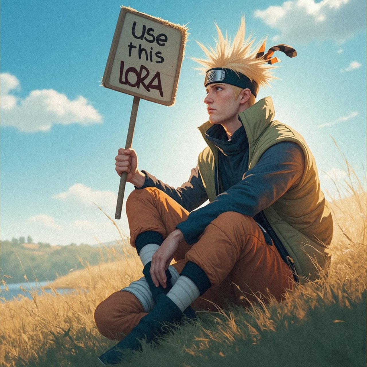 Portrait of Handsome man, sitting on a hill While holding sign that says "use this LoRA", Naruto style, naruto clothes, 