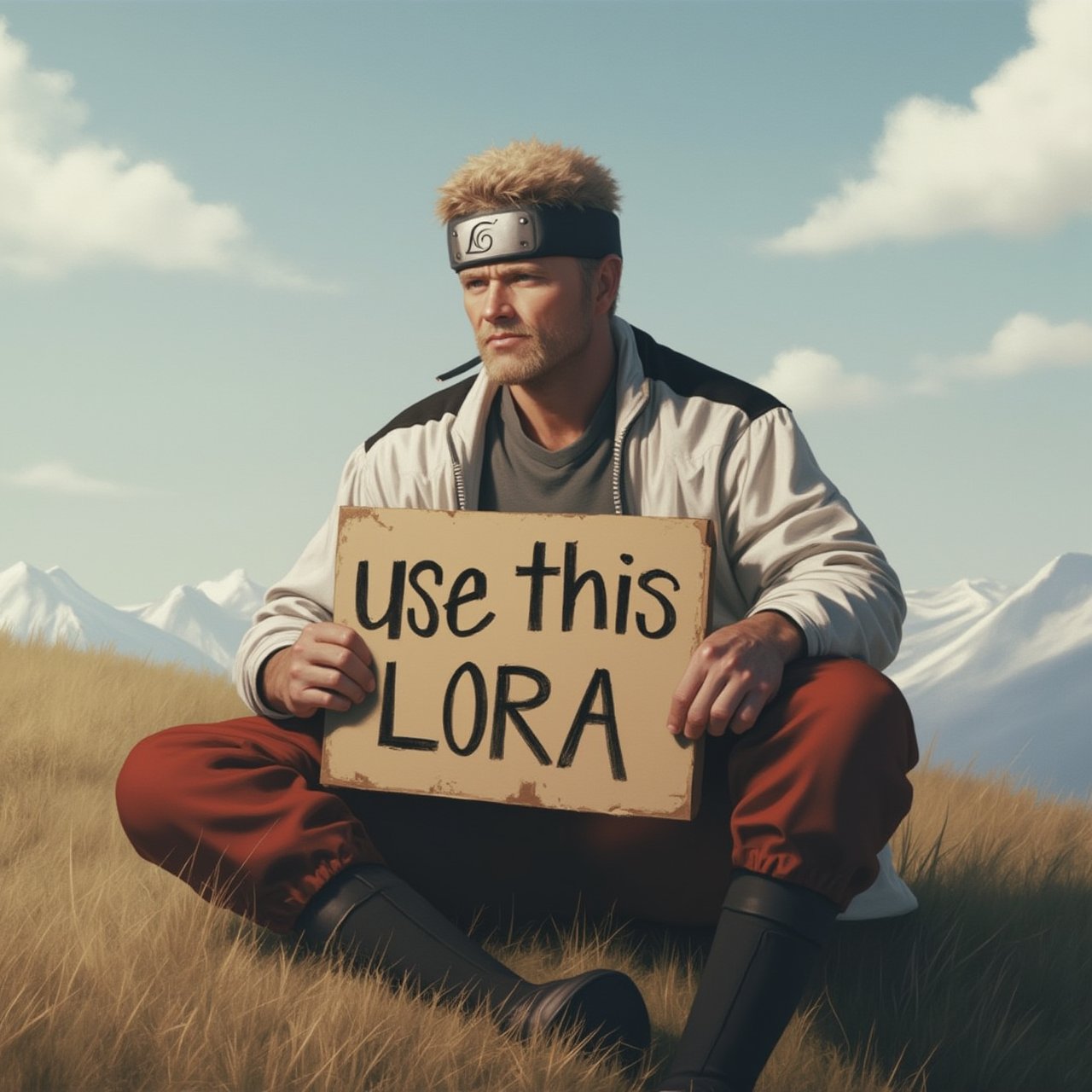 Portrait of Handsome man, sitting on a hill While holding sign that says "use this LoRA",Naruto