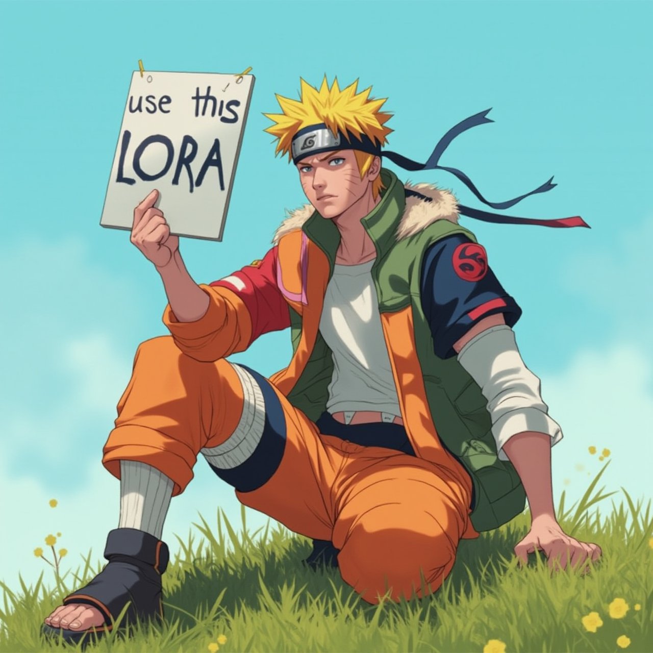 Portrait of Handsome man, sitting on a hill While holding sign that says "use this LoRA", Naruto style, naruto clothes, 