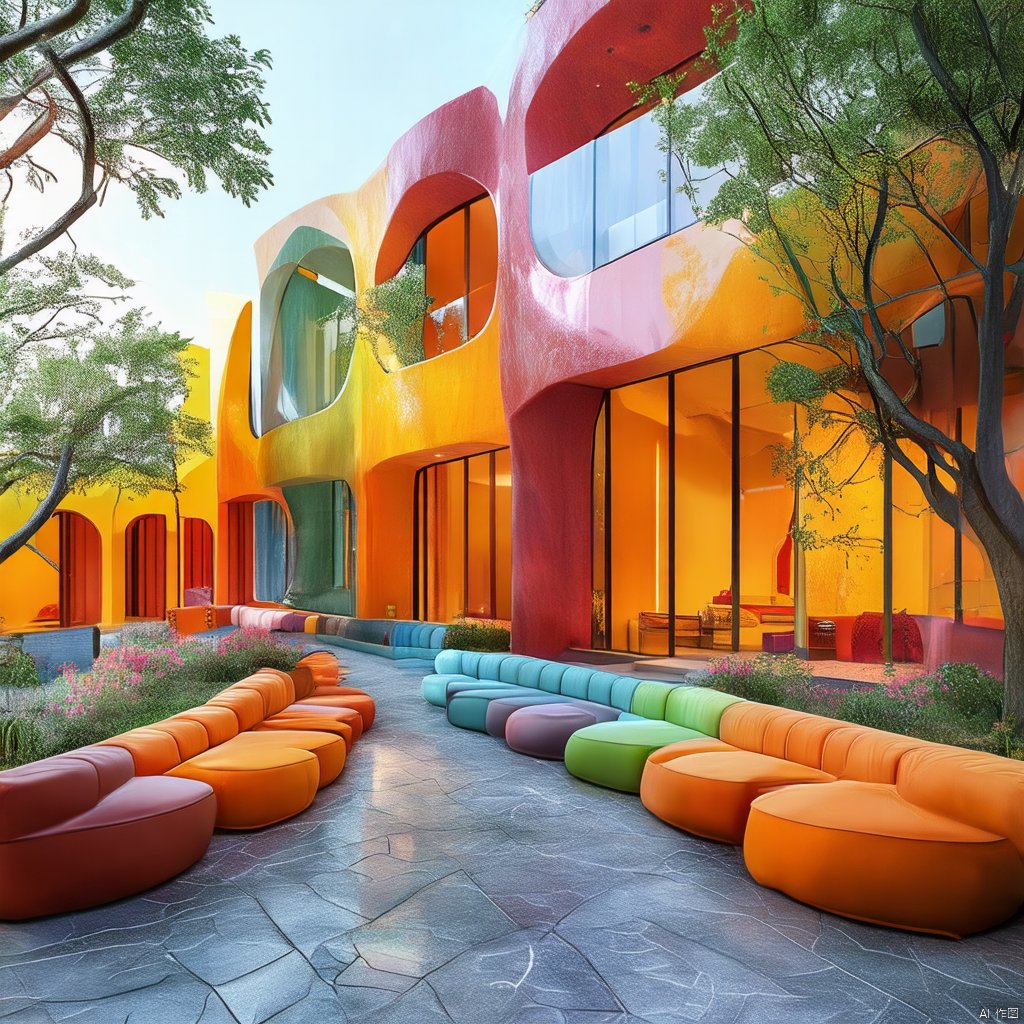 Captured from a high-angle perspective, a vibrant orange building stands tall, adorned with a unique design. The building's walls are adorned with glass windows, adding a pop of color to the scene. Adjacent to the building, a variety of colorful chairs are arranged in a geometric pattern. To the left of the chairs, a tall green tree casts a shadow on the floor, adding depth to the composition.