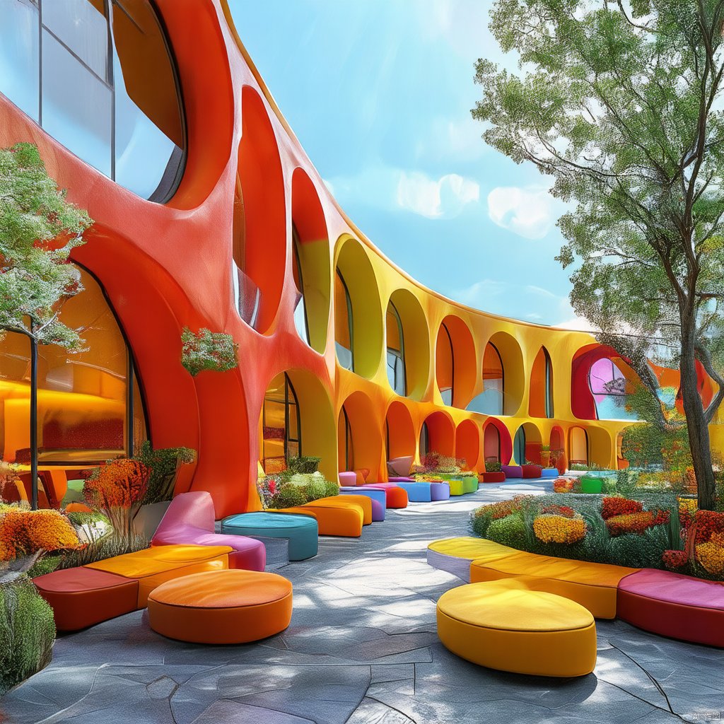 Captured from a high-angle perspective, a vibrant orange building stands tall, adorned with a unique design. The building's walls are adorned with glass windows, adding a pop of color to the scene. Adjacent to the building, a variety of colorful chairs are arranged in a geometric pattern. To the left of the chairs, a tall green tree casts a shadow on the floor, adding depth to the composition.