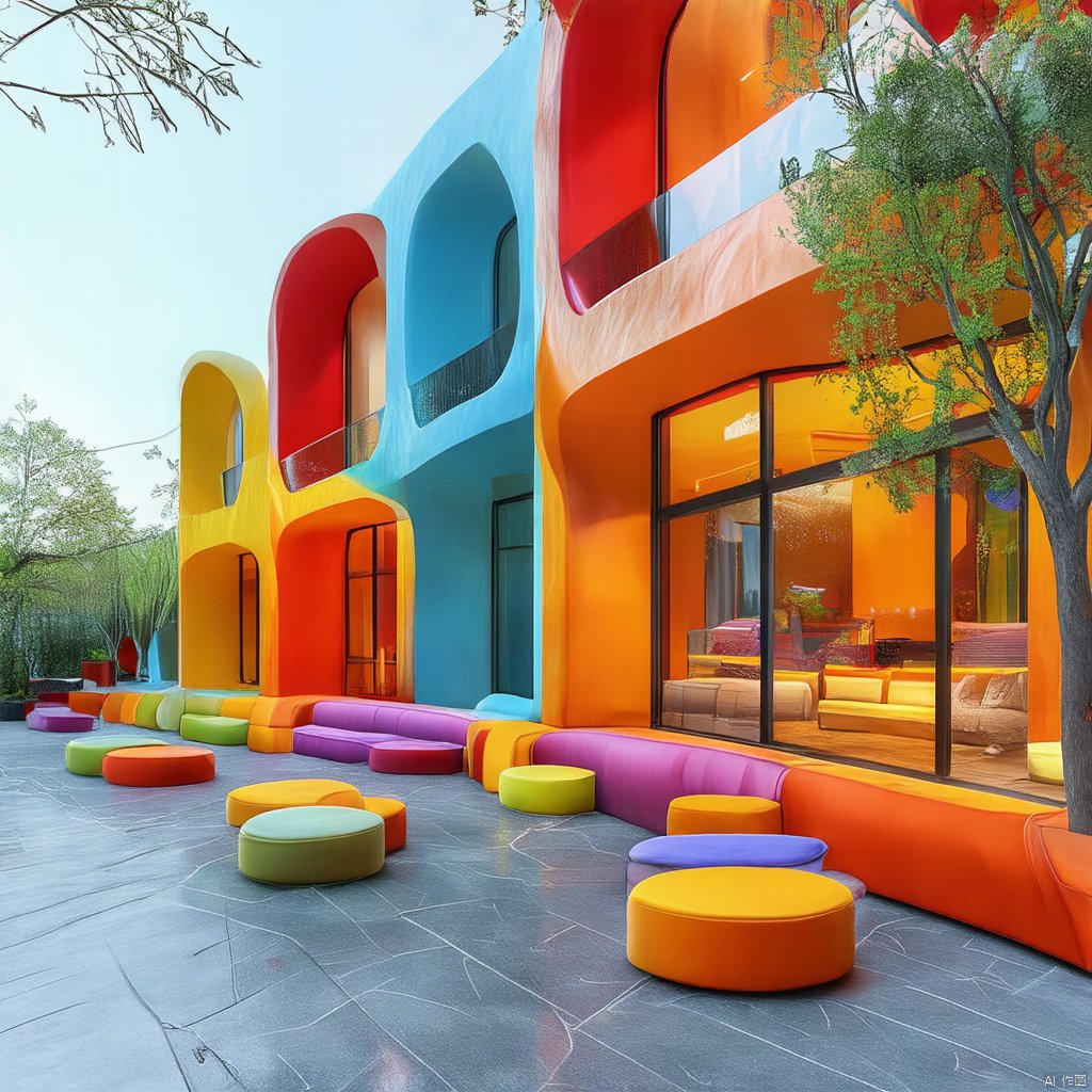 Captured from a high-angle perspective, a vibrant orange building stands tall, adorned with a unique design. The building's walls are adorned with glass windows, adding a pop of color to the scene. Adjacent to the building, a variety of colorful chairs are arranged in a geometric pattern. To the left of the chairs, a tall green tree casts a shadow on the floor, adding depth to the composition.