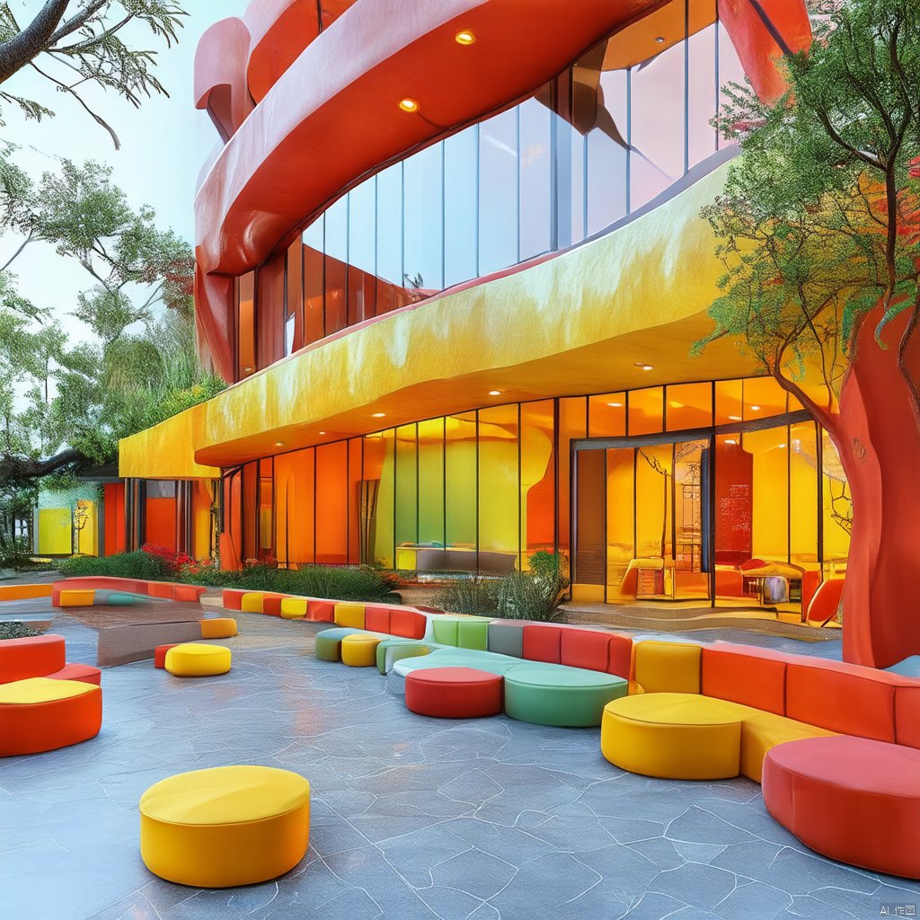 Captured from a high-angle perspective, a vibrant orange building stands tall, adorned with a unique design. The building's walls are adorned with glass windows, adding a pop of color to the scene. Adjacent to the building, a variety of colorful chairs are arranged in a geometric pattern. To the left of the chairs, a tall green tree casts a shadow on the floor, adding depth to the composition.