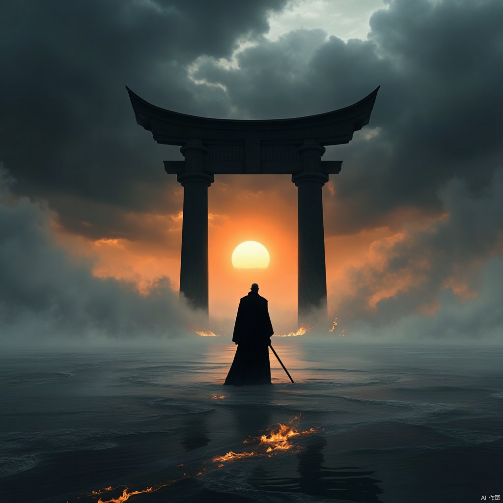 a dark silhouette of a man in a black robe stands in the middle of a large body of water. The man is holding a long stick in his right hand, while his left hand is pointed towards the bottom of the frame. He is standing in front of an archway, which is burning in the center of the image. The archway is made up of two large pillars, each with a pointed top and bottom. The sky is filled with dark clouds, and the sun is setting in the background, creating a striking contrast with the dark clouds. The sun is glowing, adding a touch of orange to the scene.