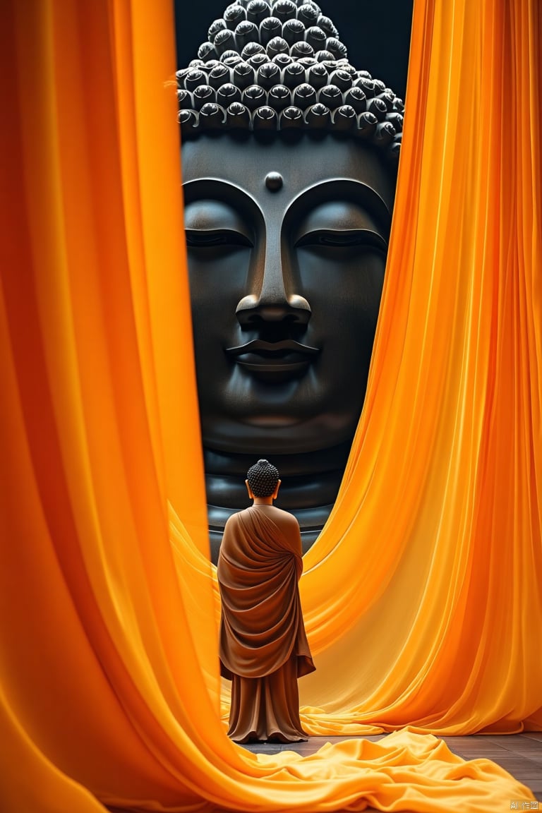 Captured at eye-level on a low-angle perspective, a buddha statue stands in the foreground of the frame. The statue, dressed in a brown robe, is positioned in front of a flowing orange curtain, adding a touch of color to the scene. In the background, a large buddhist statue is visible, its face carved into the frame, adding depth to the composition. The background is dark, creating a stark contrast to the statue.

