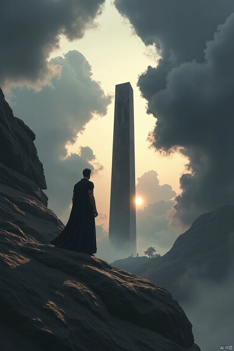 Captured from a high-angle perspective, a silhouette of a man in a long dark dress stands on a rocky cliff, looking up at a tall obelisk in the middle of the frame. The sky is filled with dark gray clouds, adding a touch of mystery to the scene. The man's shadow is cast on the left side of the image, while the right side is cast in the lower right corner. The sun is setting, creating a stark contrast to the dark clouds.

