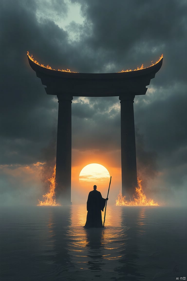 a dark silhouette of a man in a black robe stands in the middle of a large body of water. The man is holding a long stick in his right hand, while his left hand is pointed towards the bottom of the frame. He is standing in front of an archway, which is burning in the center of the image. The archway is made up of two large pillars, each with a pointed top and bottom. The sky is filled with dark clouds, and the sun is setting in the background, creating a striking contrast with the dark clouds. The sun is glowing, adding a touch of orange to the scene.