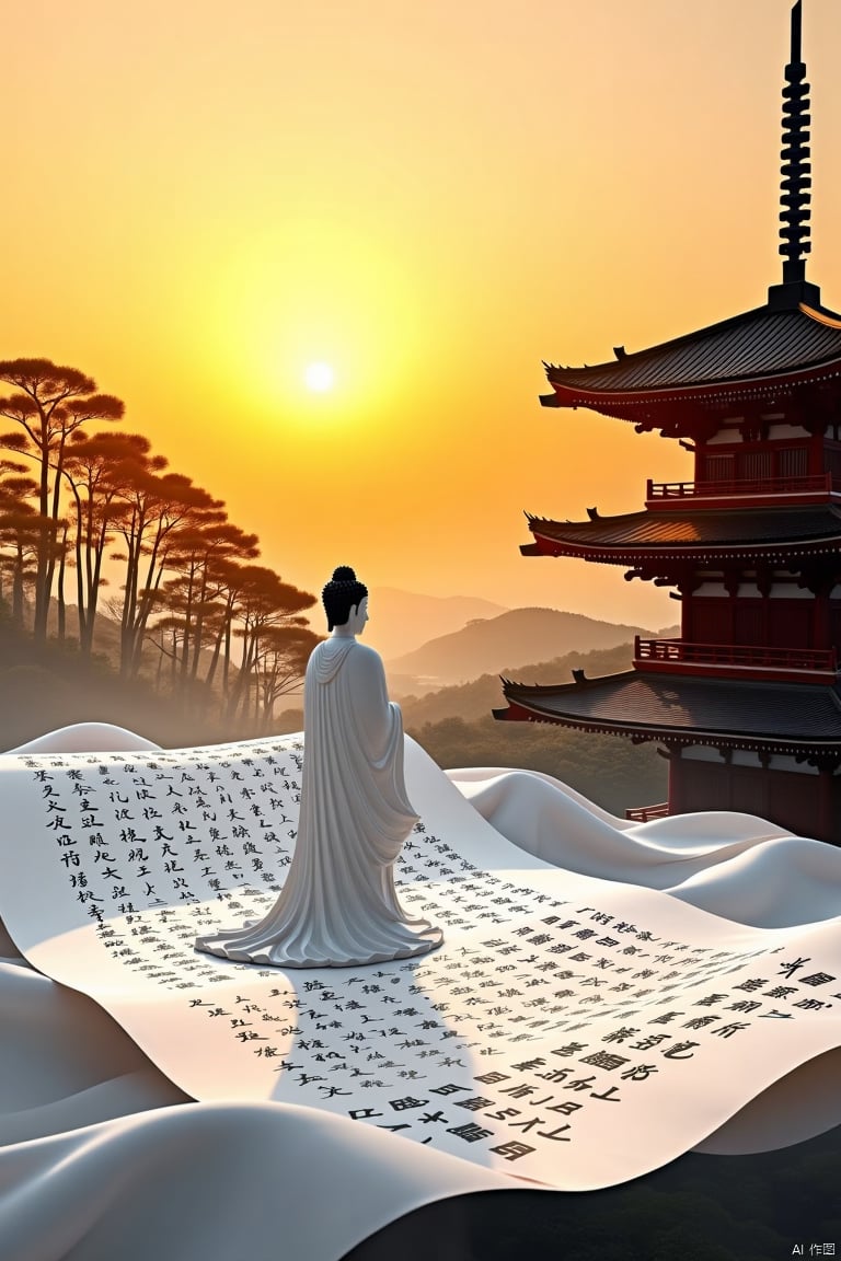 Captured from a high-angle perspective, a monochromatic view of a Japanese buddha statue stands atop a large sheet of paper that is draped in a white cloth. The statue is adorned with a long white robe and a black headdress. The paper is adorned in black Chinese characters, adding a touch of color to the scene. To the right of the statue is a pagoda building with a pointed roof. The pagoda is surrounded by tall trees, their branches reaching up towards the sky. The sun is setting, creating a brilliant orange and yellow hue.

