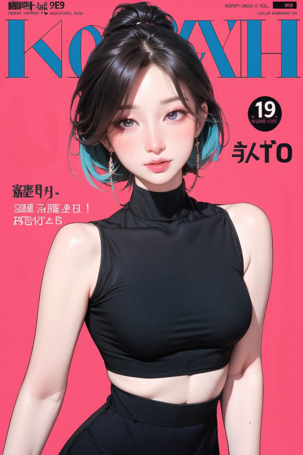 1girl, looking at viewer, styled clothes, turtle neck croptop, sleeveless, hairstyle, sharp focus, magazine cover, coloful background, 2D artstyle, outline, 

chimai,hine,hakil,yuong01,johyun,sim,haohaoulz,kn,htt