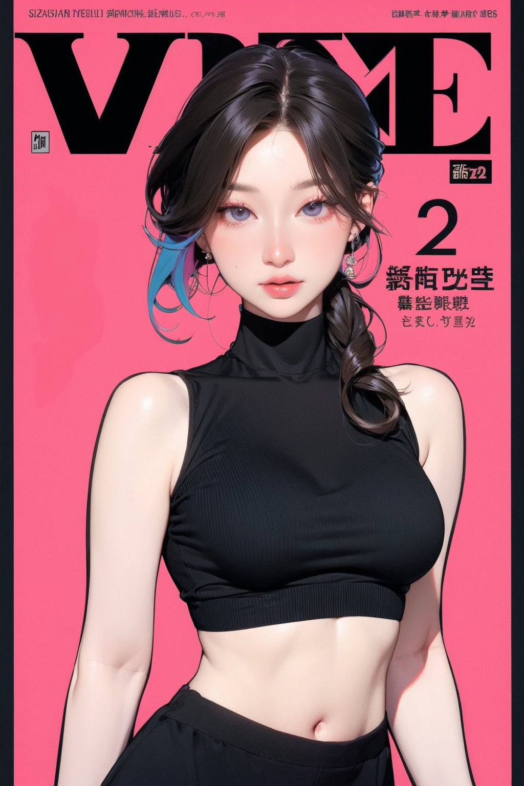 1girl, looking at viewer, styled clothes, turtle neck croptop, sleeveless, hairstyle, sharp focus, magazine cover, coloful background, 2D artstyle, outline, 

chimai,hine,hakil,yuong01,johyun,sim,haohaoulz,kn