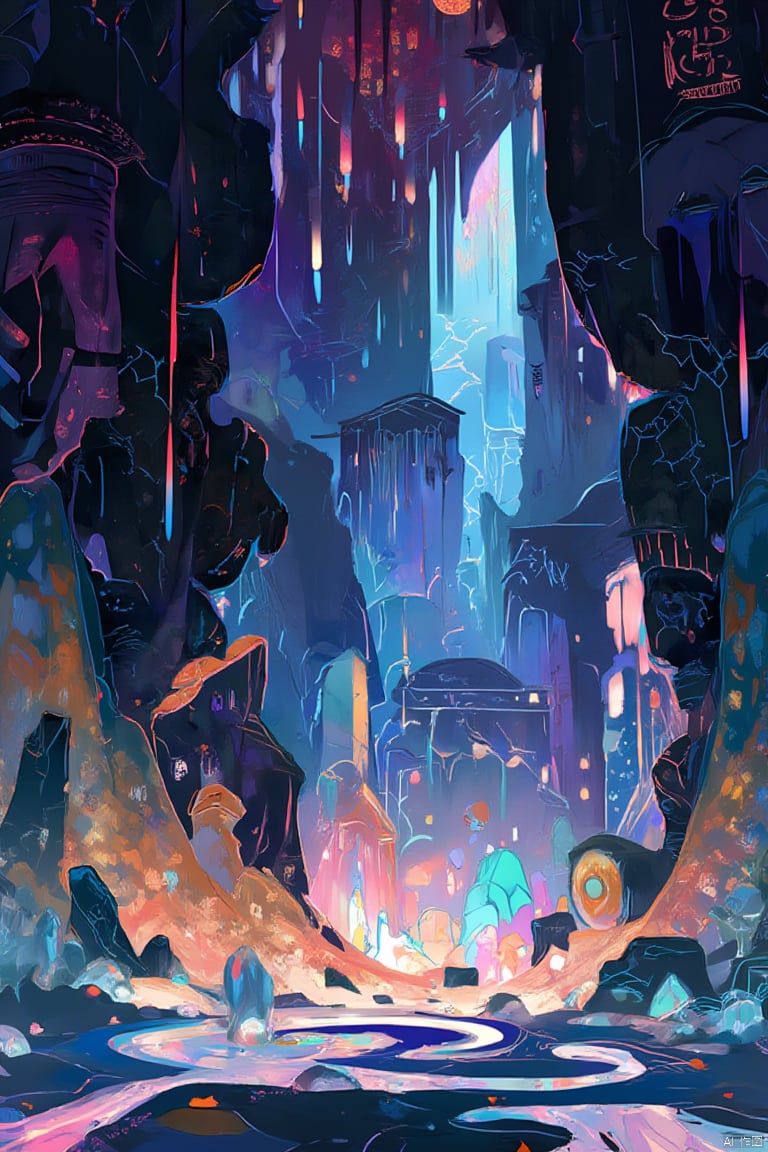 the dungeon is full of dazzling light and shadow effects and mysterious atmosphere. The brushstrokes are vibrant, outlining ancient ruins and luminous crystals. The shape is irregular and full of fantasy, with lines depicting runes on the wall and complex maze structures. Richly layered textures include cracks in the stone wall and light and shadow on the ground