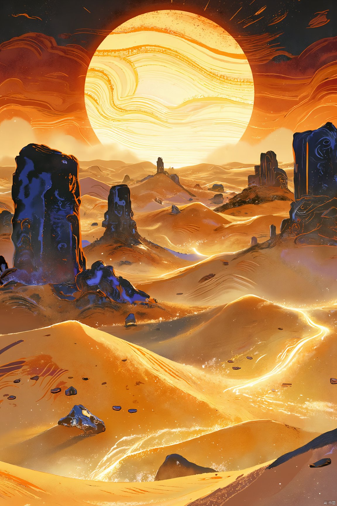 A mysterious desert, the golden sand dunes shimmer ash,with lavender and blue light. The illustration-style brushstrokes capture the light and shadow changes of every grain of sand in the desert. Between the dunes, mysterious floating stone slabs and ancient runes float in the air, emitting a faint light. The background is a gorgeous sunset, the orange-red sky and the brilliance of the desert complement each other, forming a very magical and magical desert scene.