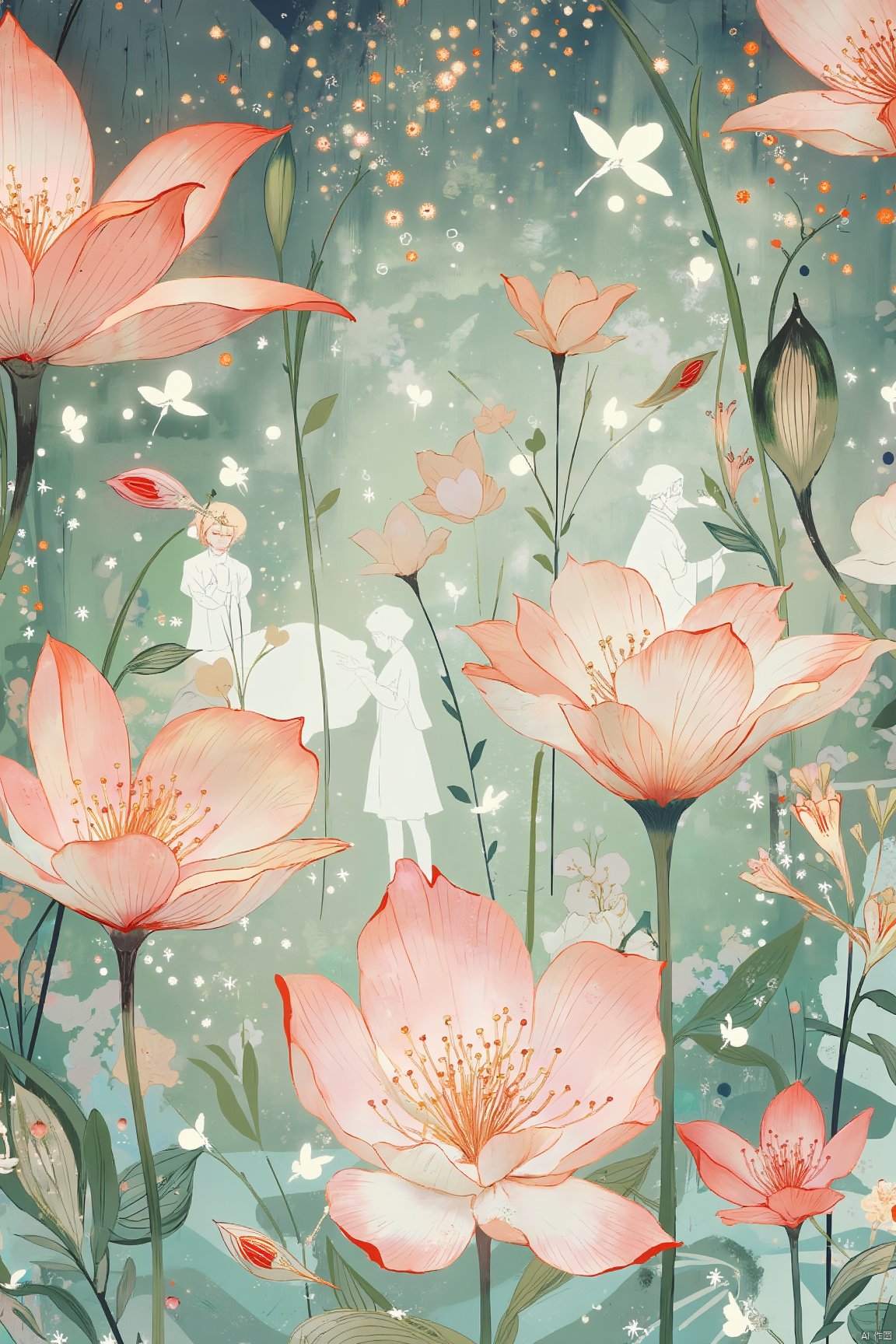 Ash, using dreamy pink and green tones, with delicate and layered brushstrokes, shows the fantastic creatures in the forest. The shapes are soft and imaginative, and the lines carefully depict the details of exotic flowers and elves. The texture layers are like the light and shadow mottled tree trunks and the flickering fireflies. The overall composition is full of the beauty and mystery of the two-dimensional fantasy style.