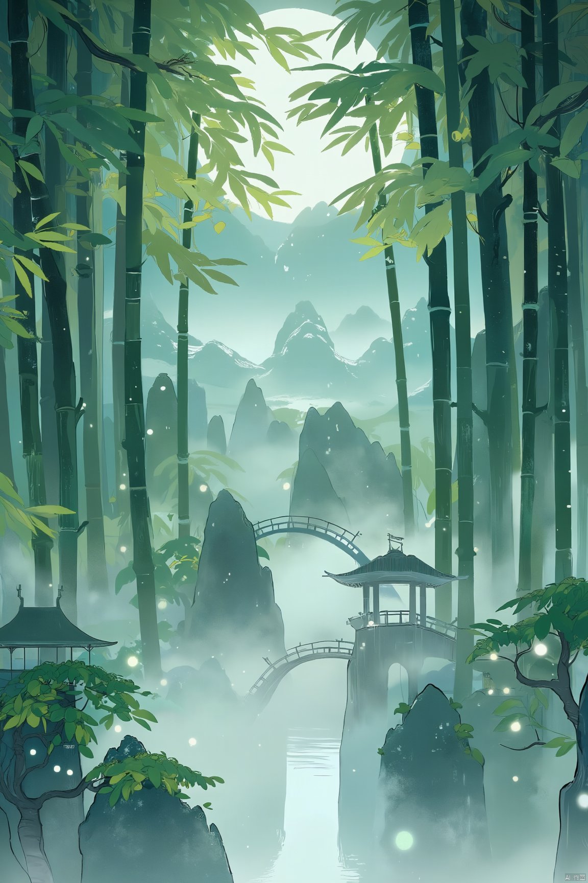 Ash, a misty bamboo forest with towering bamboos reaching into the clouds and leaves shining like emeralds. Mysterious light spots and faint clouds float in the bamboo forest, and the ancient pavilions and small bridges among the bamboos are painted with gentle light and shadow with delicate brushstrokes. The background is a picturesque ancient landscape painting. The ink mountains in the distance blend with the light and shadow of the bamboo forest. The overall composition presents a dreamy and tranquil world of ancient bamboo forest.