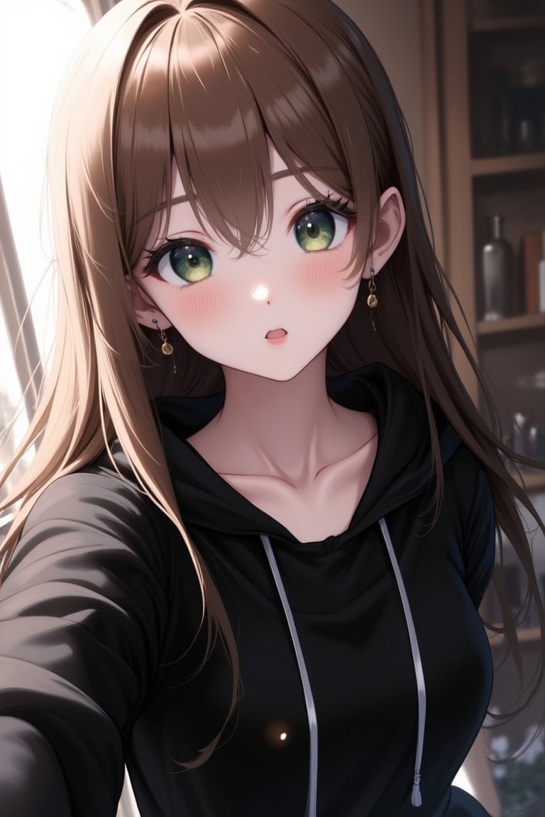 1girl, solo, long hair, looking at viewer, very badass girl, blush, bangs, brown hair, long sleeves, jewelry, closed mouth, green eyes, upper body, earrings, indoors, hood, dutch angle, window, hoodie, hood down, drawstring, selfie, black hoodie, ((masterpiece: 1.2)), light particles, stunning image, attractive image, digital art, professional style, anime style