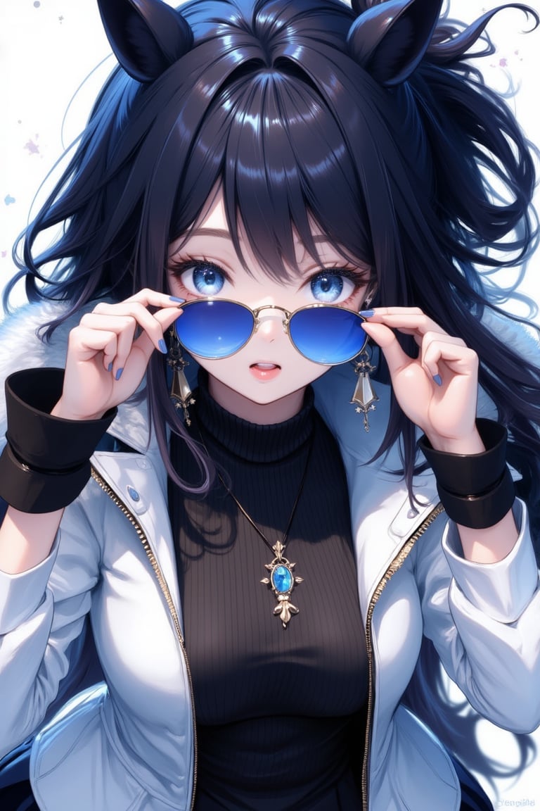 1girl, solo, long hair, looking at viewer, very badass girl, bangs, blue eyes, black hair, jewelry, jacket, upper body, sidelocks, earrings, parted lips, fur trim, black shirt, sunglasses, white jacket, zipper, looking over eyewear, ((masterpiece: 1.2)), light particles, stunning image, attractive image, digital art, professional style, anime style