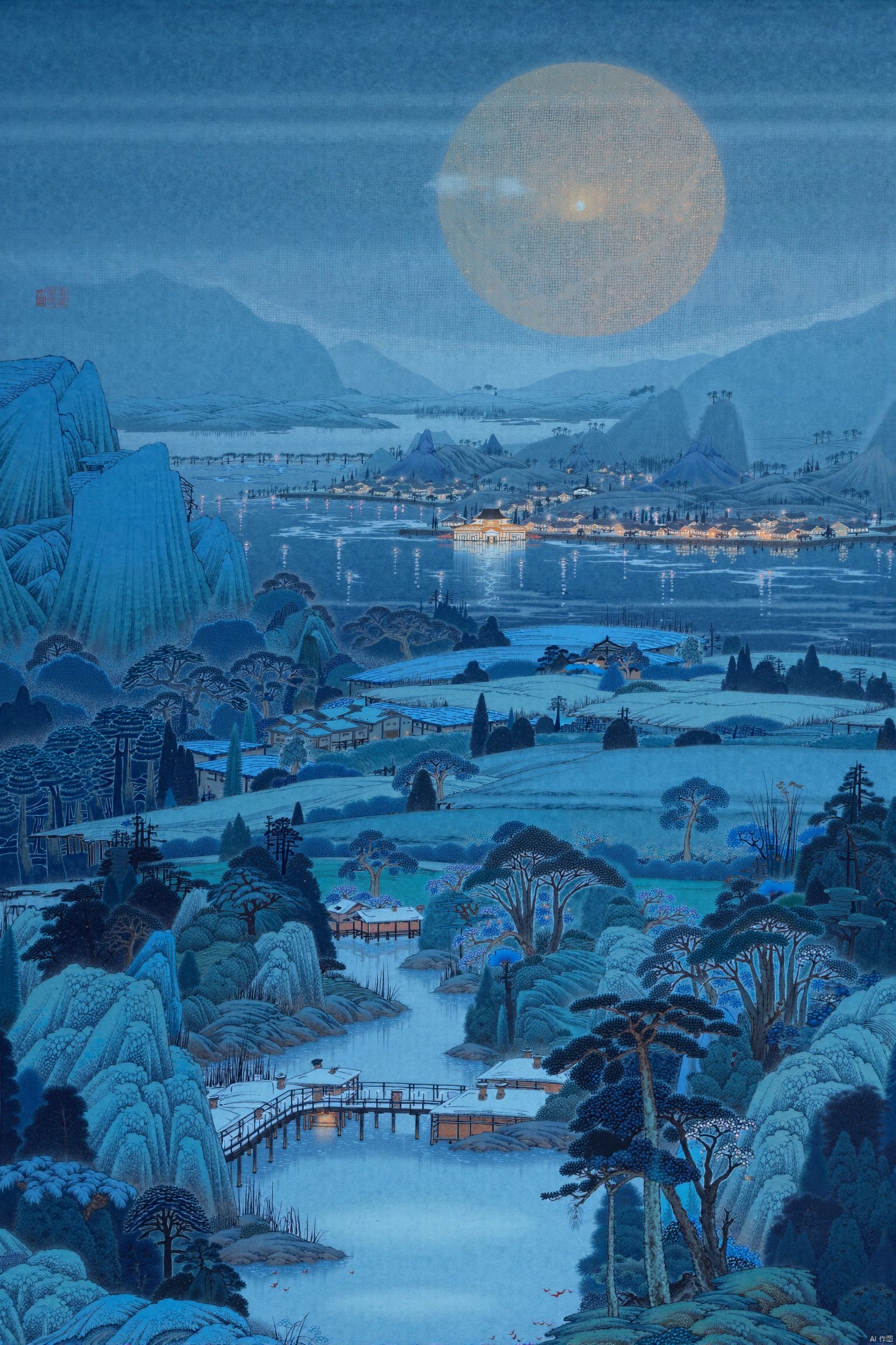 masterpiece, best quality, Chinese style countryside, snow covered fields, distant villages shimmering with a faint light, late night scenery, blue snow, orange shimmer