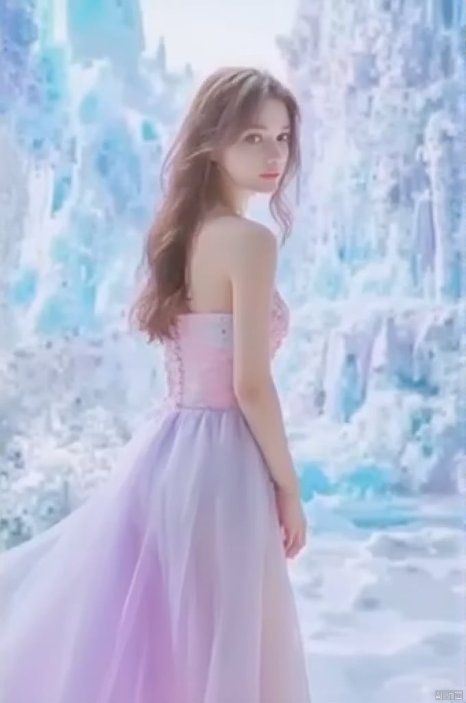 of a young Asian woman standing amidst a surreal, ethereal setting. The image is a hyperrealistic digital artwork, showcasing a young woman with fair skin and long, wavy brown hair cascading down her back. She stands with a slight turn to her right, gazing directly at the viewer with a serene expression. Her attire is a pastel-colored, sleeveless dress with a fitted bodice adorned with delicate lace and a flowing, voluminous skirt that transitions from pastel pink at the top to soft lavender at the bottom, creating a gradient effect. The dress adds a touch of elegance and whimsy to her appearance. 

The background is a fantastical landscape composed of crystalline structures in pastel shades of blue, purple, and pink, resembling a dreamy, otherworldly ice cave. The crystals are intricately detailed, adding a sense of enchantment to the scene. The overall atmosphere is serene and ethereal, with soft lighting enhancing the dreamlike quality of the artwork. The young woman's delicate features and the surreal, crystalline environment create a harmonious and mesmerizing visual composition., ,eluosi