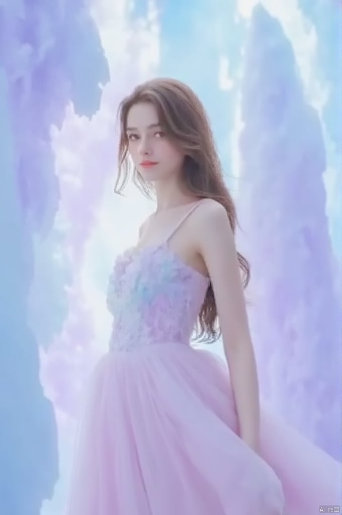 of a young Asian woman standing amidst a surreal, ethereal setting. The image is a hyperrealistic digital artwork, showcasing a young woman with fair skin and long, wavy brown hair cascading down her back. She stands with a slight turn to her right, gazing directly at the viewer with a serene expression. Her attire is a pastel-colored, sleeveless dress with a fitted bodice adorned with delicate lace and a flowing, voluminous skirt that transitions from pastel pink at the top to soft lavender at the bottom, creating a gradient effect. The dress adds a touch of elegance and whimsy to her appearance. 

The background is a fantastical landscape composed of crystalline structures in pastel shades of blue, purple, and pink, resembling a dreamy, otherworldly ice cave. The crystals are intricately detailed, adding a sense of enchantment to the scene. The overall atmosphere is serene and ethereal, with soft lighting enhancing the dreamlike quality of the artwork. The young woman's delicate features and the surreal, crystalline environment create a harmonious and mesmerizing visual composition., ,eluosi