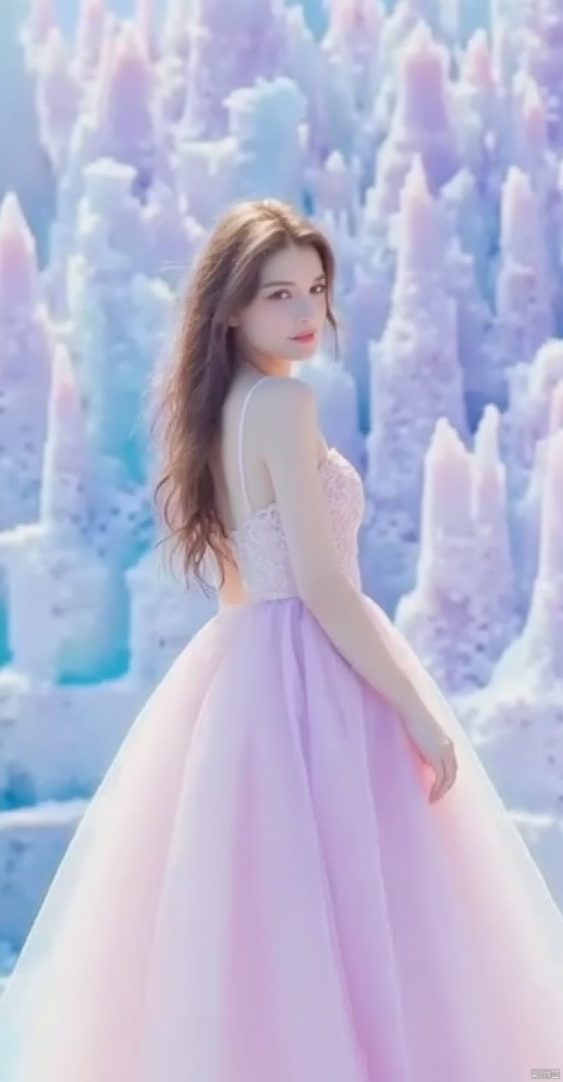 of a young Asian woman standing amidst a surreal, ethereal setting. The image is a hyperrealistic digital artwork, showcasing a young woman with fair skin and long, wavy brown hair cascading down her back. She stands with a slight turn to her right, gazing directly at the viewer with a serene expression. Her attire is a pastel-colored, sleeveless dress with a fitted bodice adorned with delicate lace and a flowing, voluminous skirt that transitions from pastel pink at the top to soft lavender at the bottom, creating a gradient effect. The dress adds a touch of elegance and whimsy to her appearance. 

The background is a fantastical landscape composed of crystalline structures in pastel shades of blue, purple, and pink, resembling a dreamy, otherworldly ice cave. The crystals are intricately detailed, adding a sense of enchantment to the scene. The overall atmosphere is serene and ethereal, with soft lighting enhancing the dreamlike quality of the artwork. The young woman's delicate features and the surreal, crystalline environment create a harmonious and mesmerizing visual composition., ,eluosi