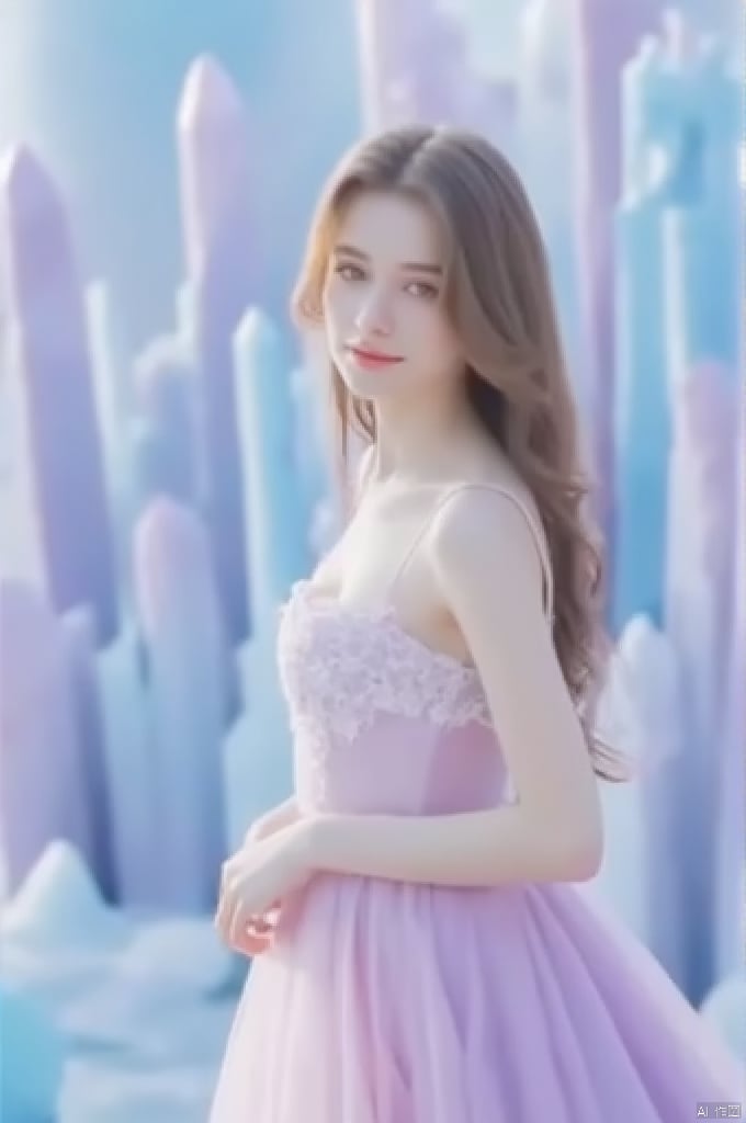 of a young Asian woman standing amidst a surreal, ethereal setting. The image is a hyperrealistic digital artwork, showcasing a young woman with fair skin and long, wavy brown hair cascading down her back. She stands with a slight turn to her right, gazing directly at the viewer with a serene expression. Her attire is a pastel-colored, sleeveless dress with a fitted bodice adorned with delicate lace and a flowing, voluminous skirt that transitions from pastel pink at the top to soft lavender at the bottom, creating a gradient effect. The dress adds a touch of elegance and whimsy to her appearance. 

The background is a fantastical landscape composed of crystalline structures in pastel shades of blue, purple, and pink, resembling a dreamy, otherworldly ice cave. The crystals are intricately detailed, adding a sense of enchantment to the scene. The overall atmosphere is serene and ethereal, with soft lighting enhancing the dreamlike quality of the artwork. The young woman's delicate features and the surreal, crystalline environment create a harmonious and mesmerizing visual composition., ,eluosi