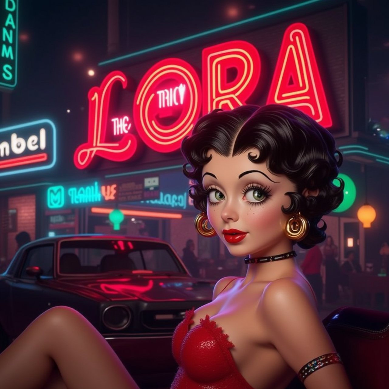 Beautiful woman, 1girl, Above it there is a neon sign that says "try this LoRA", betty boop style, 