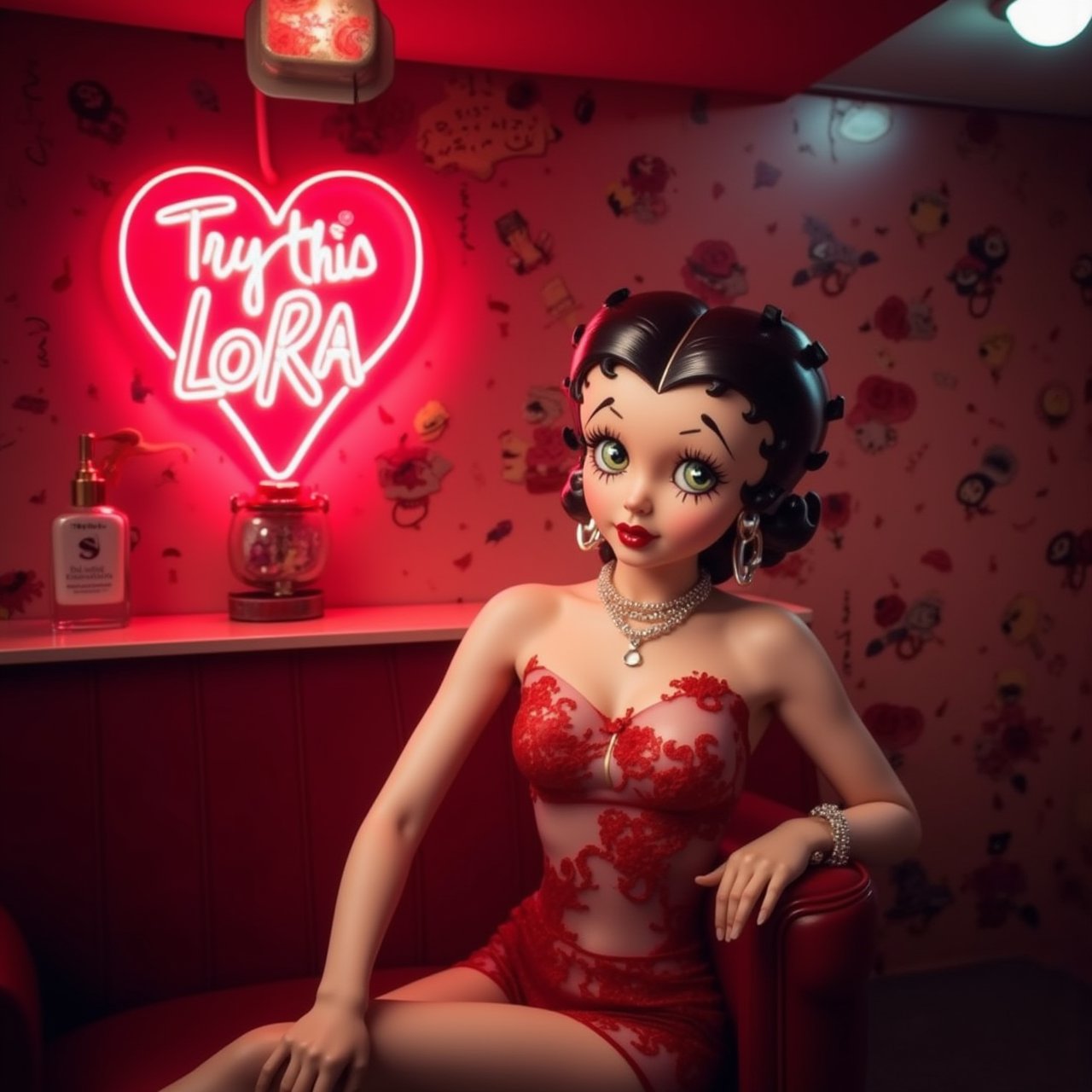 Beautiful woman, 1girl, Above it there is a neon sign that says "try this LoRA", betty boop style, 