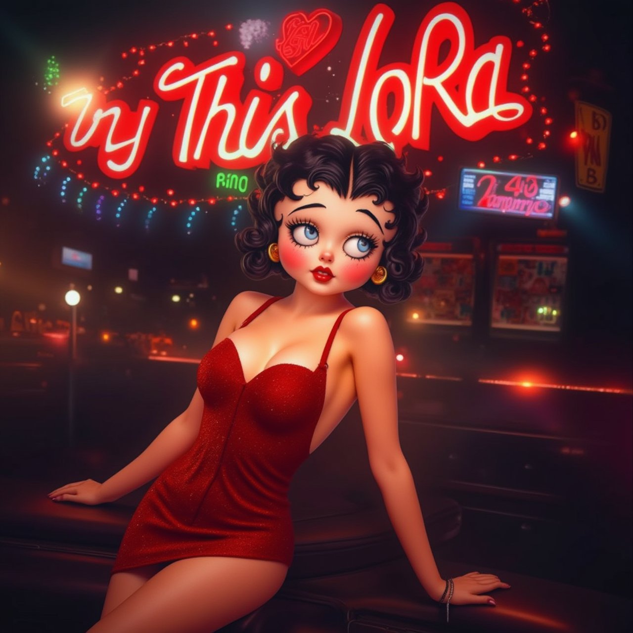 Beautiful woman, 1girl, Above it there is a neon sign that says "try this LoRA", betty boop style, 