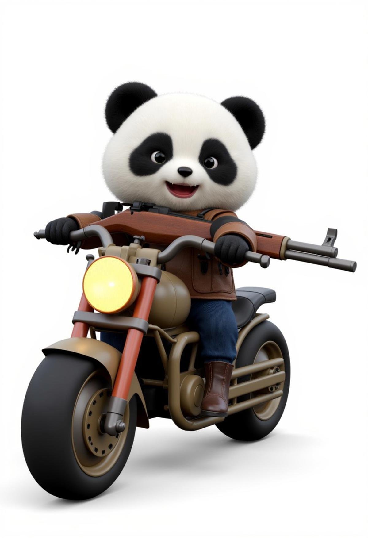 Cute panda person holding AK47, riding motorcycle, white background,3d game character