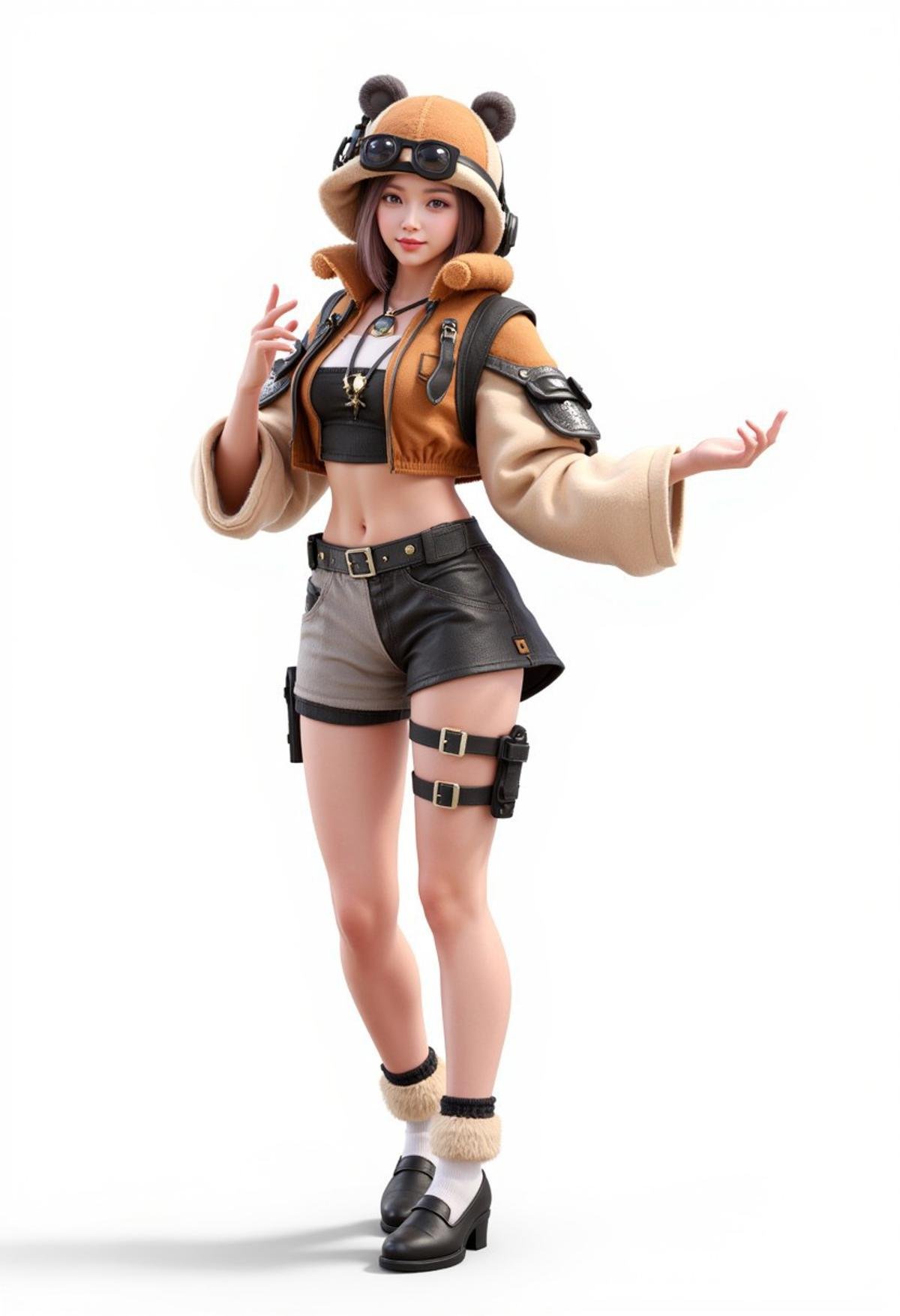 Cute female assault team member, dance moves, white background,3d game character