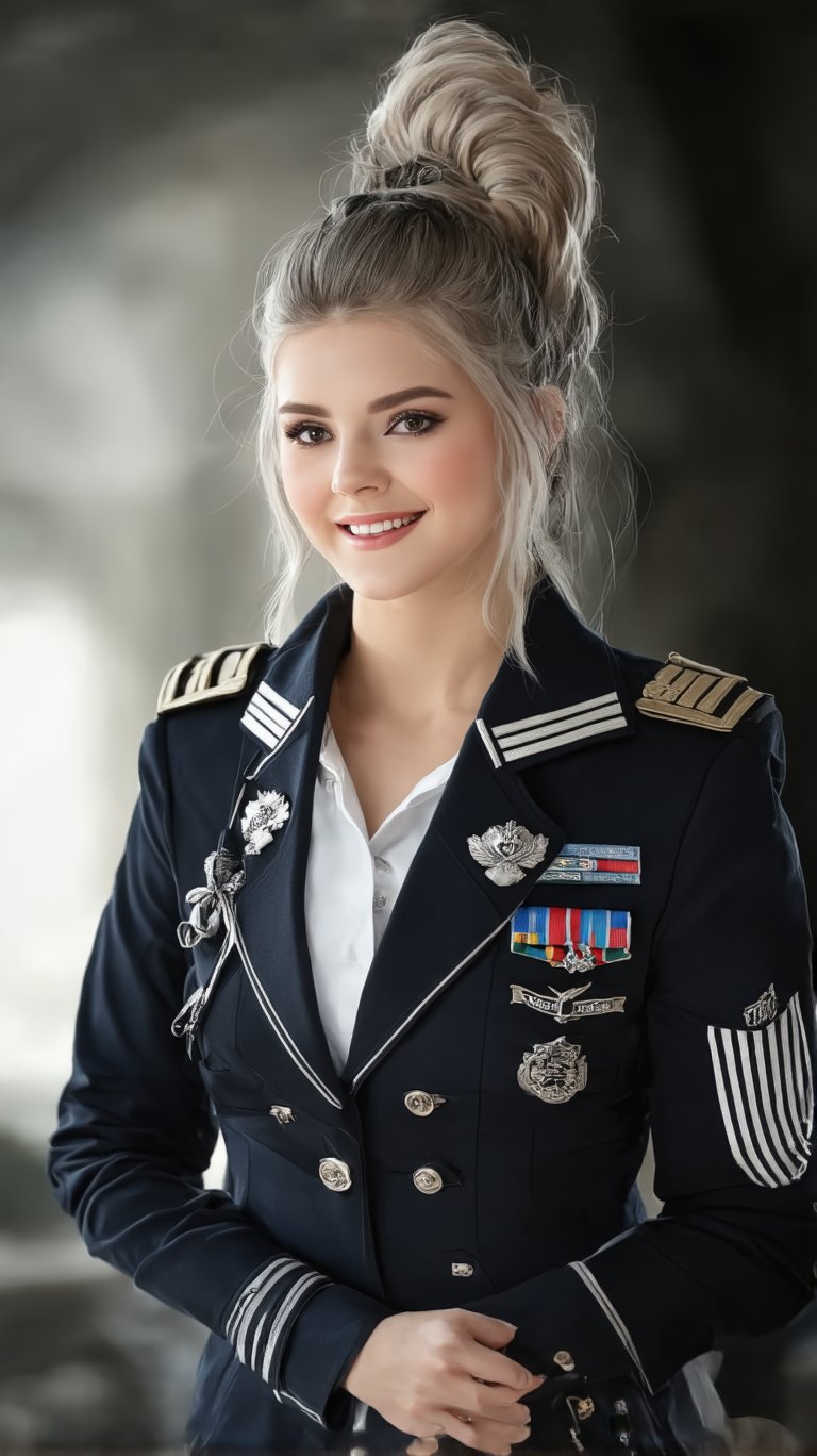 A stunning portrait of young hottest de l'air, showcasing stylized features, elegant facial expressions, and a radiant smile. Her hair is styled in a sleek bun, complementing her flight uniform attire. The high-resolution image is set against a blurred background with subtle dark tones, allowing the subject's beauty to take center stage. A flawless complexion and expert makeup application enhance her Elite beauty, exuding confidence and poise.