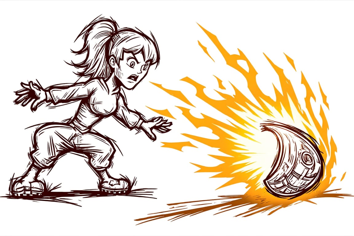 a woman breaking a computer in a karate outfit, angry ,STRIKER0S, line art, fire