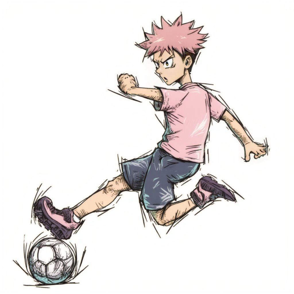 yuuji_itadori,pink hair,brown eyes,short hair,undercut,spiked hair, kicking a ball, line art, angry, sketch, STRIKER0S