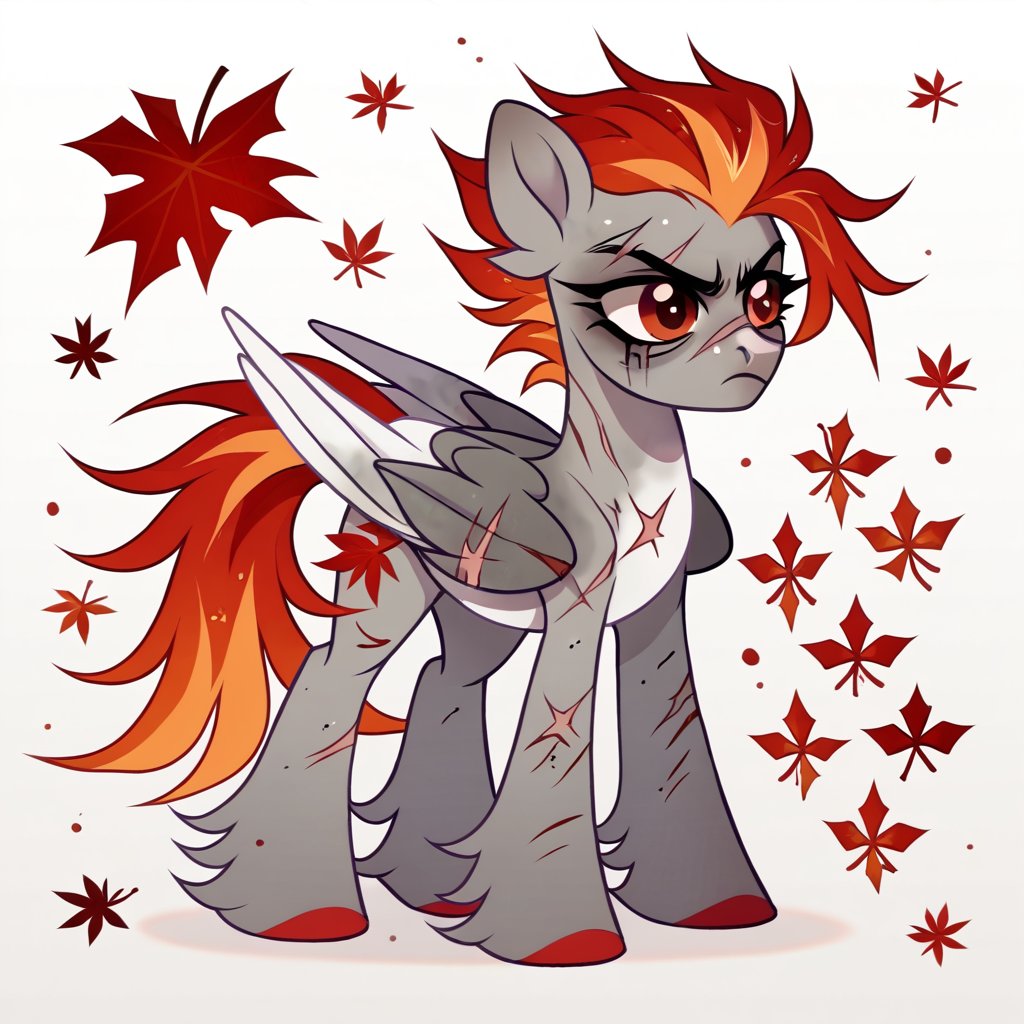 score_8_up, score_9, score_7_up, solo, pony, feral, short spiky hair,gray fur, scars, red gradient hair, injured, dead leaves theme, burned theme, design, adoptable, concept, grey body, 1girl, female, pegasus, wings, frown, white background, fluffy