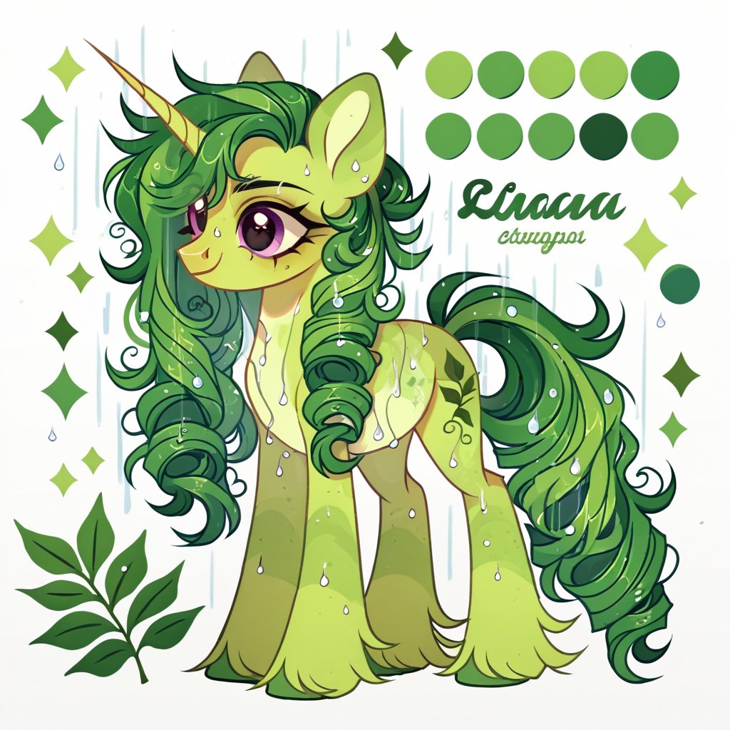 score_8_up, score_9, score_7_up, solo, pony, feral, longhair, green leaf raintheme, design, adoptable, concept, rain drops on leaves, green body, 1girl, curly hair, smile, female, unicorn, white background, fluffy