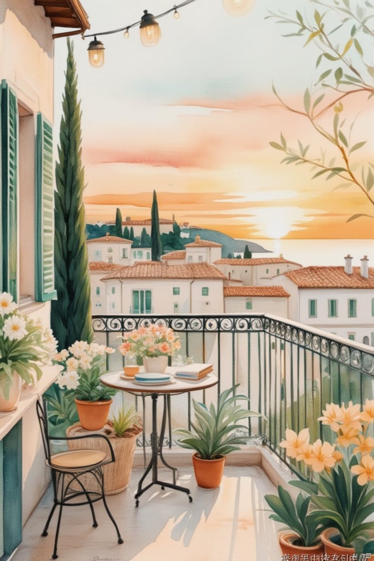 Comfortable watercolors, decorative arts, houses, in an Italian town, flowers, books, in summer, the White House, neutral color palette, sunset, comfortable lights, Chloroplastida, cypress, comfortable balconies,